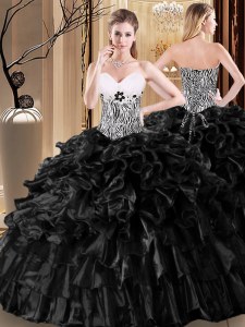 Black Sweetheart Neckline Ruffles and Pattern Quince Ball Gowns Sleeveless Lace Up