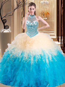 Multi-color Sweet 16 Dresses Military Ball and Sweet 16 and Quinceanera and For with Beading and Ruffles Halter Top Sleeveless Lace Up
