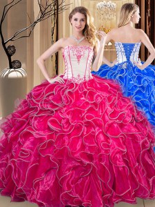 Exceptional Ball Gowns Vestidos de Quinceanera Coral Red Strapless Organza Sleeveless Floor Length Lace Up