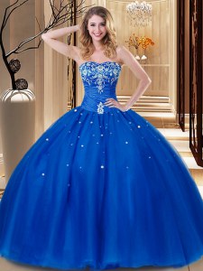 Suitable Floor Length Royal Blue Sweet 16 Dress Tulle Sleeveless Beading and Embroidery