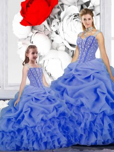 Beauteous Blue Sweet 16 Dress Military Ball and Sweet 16 and Quinceanera and For with Beading and Ruffles and Pick Ups Straps Sleeveless Lace Up