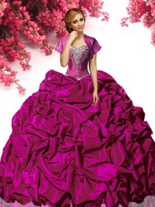 Sweetheart Sleeveless 15th Birthday Dress With Train Sweep Train Beading and Ruffles Fuchsia Taffeta