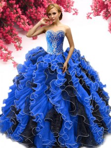 Beading and Ruffles Quinceanera Dress Blue And Black Lace Up Sleeveless