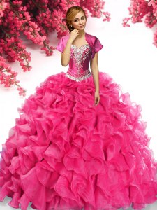 Custom Made Sleeveless Sweep Train Lace Up With Train Beading and Ruffles Quince Ball Gowns