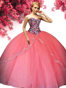 Fashion Watermelon Red Tulle Lace Up Quinceanera Dress Sleeveless Floor Length Beading