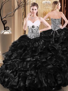Chic Ruffles and Pattern Quinceanera Gowns Black Lace Up Sleeveless Floor Length