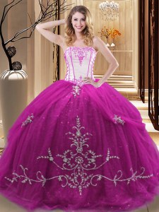 Top Selling Fuchsia Sleeveless Floor Length Embroidery Lace Up Sweet 16 Dresses