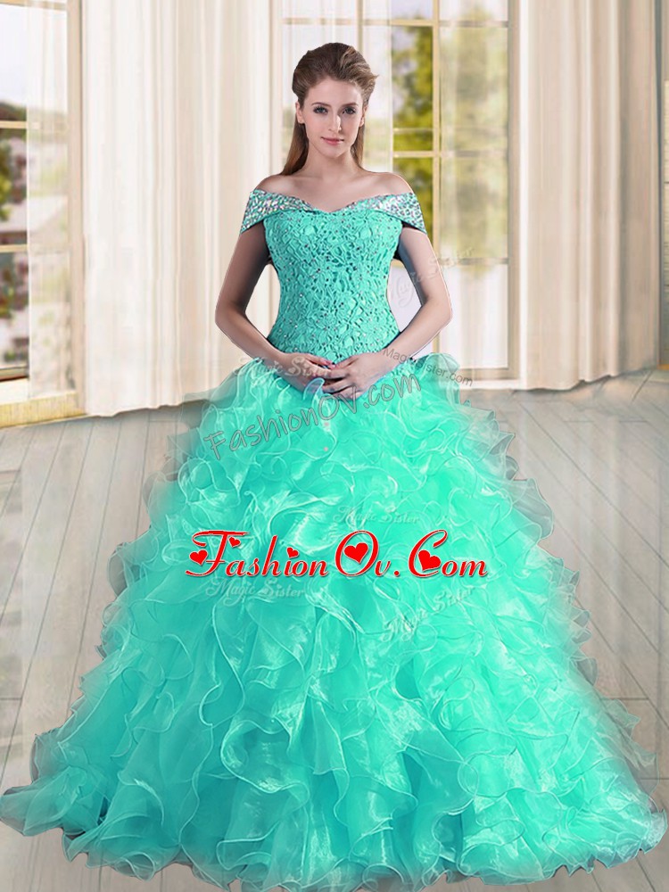  Turquoise Off The Shoulder Neckline Beading and Lace and Ruffles Sweet 16 Dress Sleeveless Lace Up