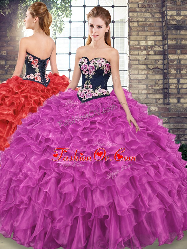  Fuchsia Lace Up Sweetheart Embroidery and Ruffles Ball Gown Prom Dress Organza Sleeveless Sweep Train