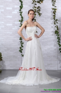 2015 Pretty Ruffled White Strapless Wedding Gowns with Brush Train