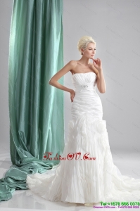 2015 Pleated Sequined White Wedding Dresses with Chapel Train