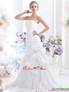 2015 Ruffles Strapless White Wedding Dresses with Hand Made Flower