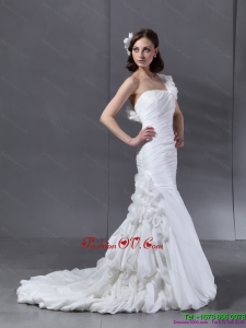 Ruching One Shoulder White Wedding Dresses with Hand Made Flower