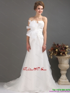Ruffles Strapless Bownot White Wedding Dresses with Brush Train for 2015