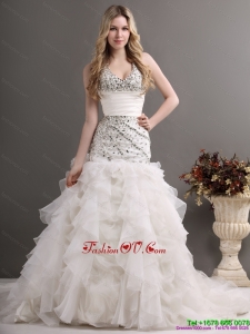 2015 Exquisite Halter Top Wedding Dress with Beading and Ruffles