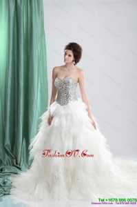 2015 White Sweetheart Rhinestones Wedding Dresses with Chapel Train and Ruffles