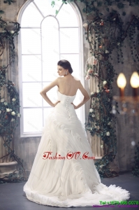 2015 White Sweetheart Ruching Wedding Dresses with Brush Train