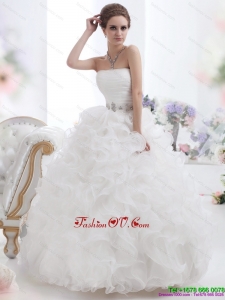 Perfect White Strapless Ruffles and Ruching Wedding Gown for 2015
