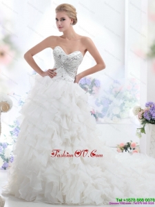 Sweetheart 2015 White Wedding Dresses with Rhinestones and Ruffles