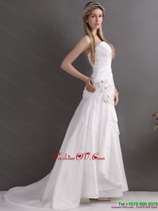 White Brush Train Sweetheart Ruching Wedding Dresses with Hand Made Flowers