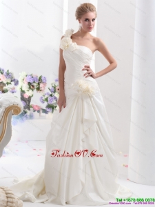 2015 Simple One Shoulder Wedding Dress with Hand Made Flowers