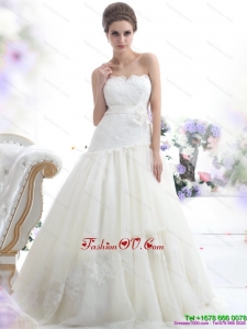 Cheap Ruffled White Strapless Wedding Dresses with Sash and Bownot