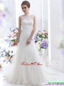 Cheap White Laced Wedding Dresses with Brush Train