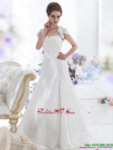 Cheap White Sweetheart Brush Train Wedding Dresses with Hand Made Flower and Ruffles