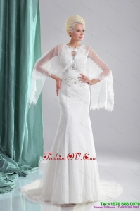2015 Cheap Beading White Wedding Dresses with Brush Train