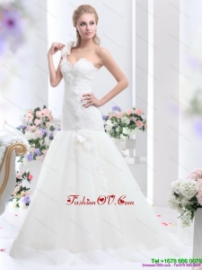2015 Cheap One Shoulder Wedding Dress with Hand Made Flowers