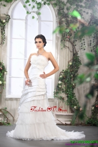 2015 Cheap Ruffled Layers White Wedding Dresses with Brush Train