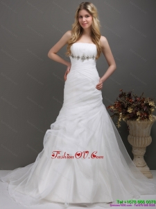 2015 Cheap Strapless Wedding Dress with Ruching and Paillette