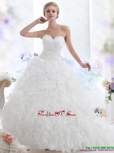 2015 Cheap Sweetheart Ruffles and Beading White Wedding Dresses with Brush Train