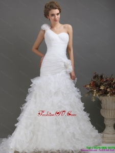 2015 Exquisite One Shoulder Wedding Dress with Ruching and Hand Made