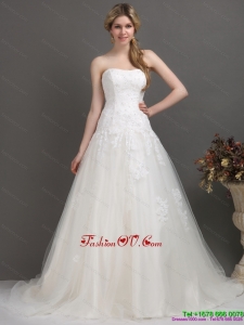 2015 Modest Strapless Brush Train Wedding Dress with Beading