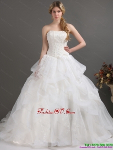 2015 Popular Strapless Lace Wedding Dress with Brush Train