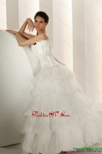 Cheap Beaded Strapless White Wedding Dresses with Ruffled Layers