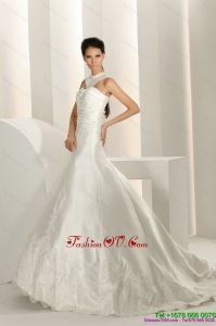 Cheap Beading White Wedding Dresses with Brush Train and Lace