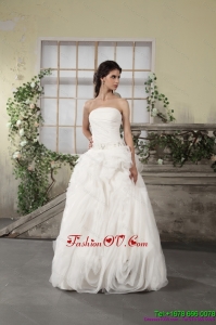 Cheap Ruffled Strapless White Wedding Dresses with Brush Train