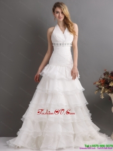 Cheap White Halter Top Beading Wedding Dresses with Ruffled Layers and Brush Train