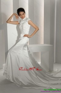 Cheap White High Neck Wedding Dresses with Cathedral Train and Beading