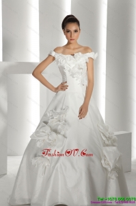 Cheap White Off Shoulder Bridal Dresses with Cathedral Train and Hand Made Flowers
