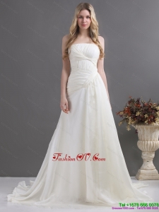 Cheap White Strapless Ruching Wedding Dresses with Brush Train