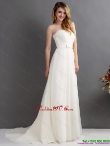 Cheap White Strapless Wedding Dresses with Brush Train and Sash