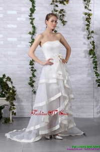 Cheap and Detachable White Strapless Wedding Dresses with Brush Train and Bowknot