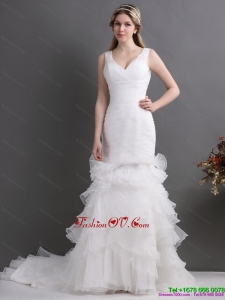 Luxurious V Neck 2015 Wedding Dress with Ruching and Ruffles