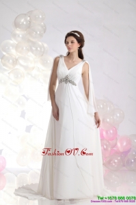2015 Cheap V Neck Wedding Dress with Beading and Ruching