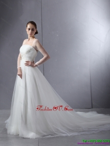 2015 Cheap Strapless A Line Wedding Dress with Lace and Ruching