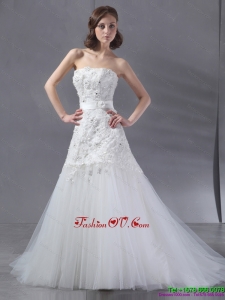 Popular White Strapless Beach Wedding Dresses with Sequins and Brush Train