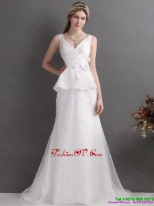 Ruching White V Neck Ruffled 2015 Beach Wedding Dresses with Brush Train
